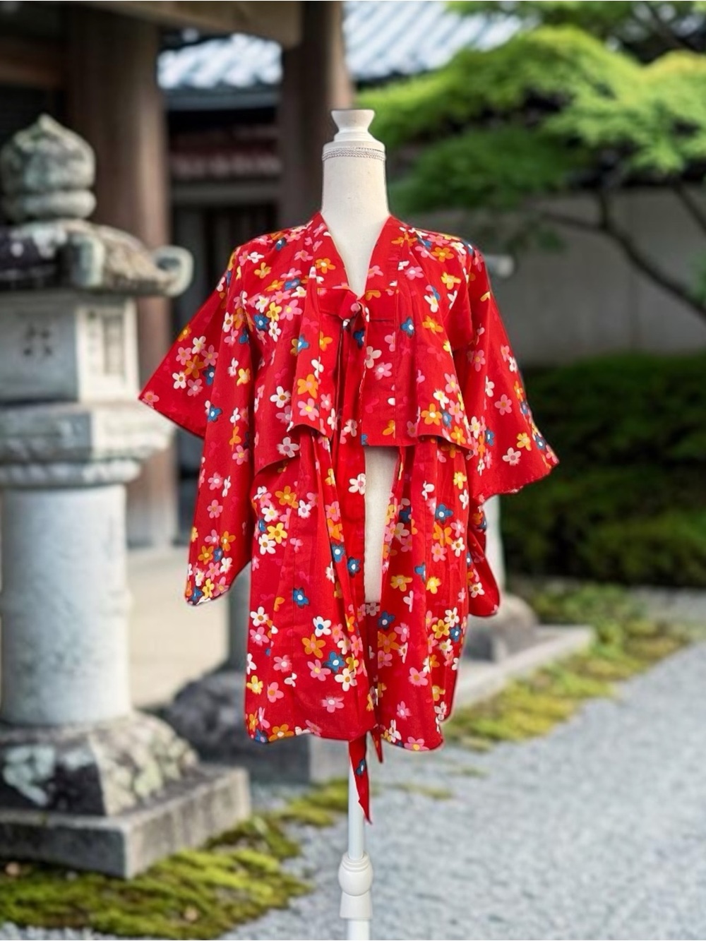 Red Floral Japanese Style Kimono with Traditional Sleeves